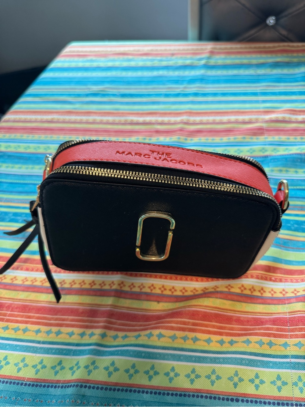 Marc Jacobs Black and Red Compact Crossbody Camera Bag with Gold Hardware